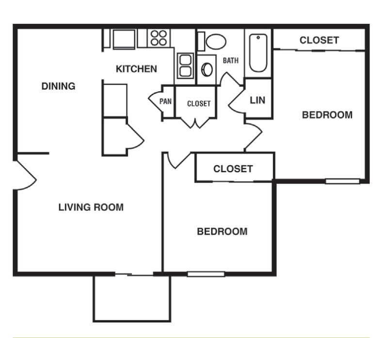 Floor plan for 2 beds, 1 bath, 944 sqft